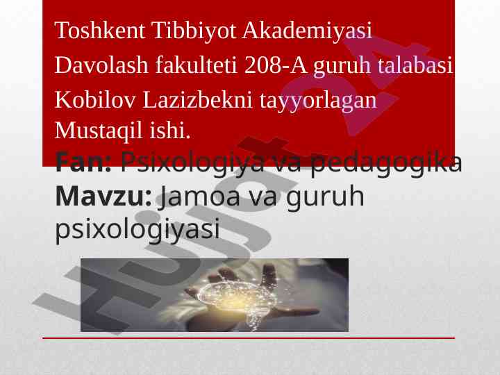 Jamoa va guruh psixologiyasi bo'yicha mustaqil ish