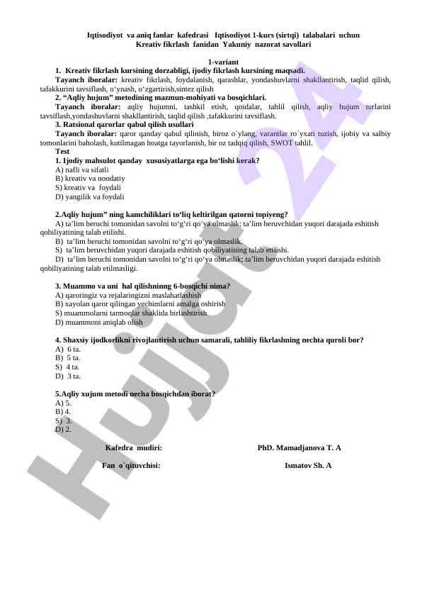 Kreativ fikrlash muhitida nazorat savollari