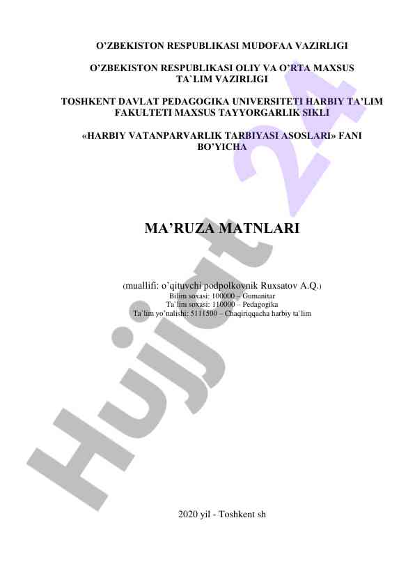 Harbiy vatanparvarlik tarbiyasi asoslari ma'ruza matnlari