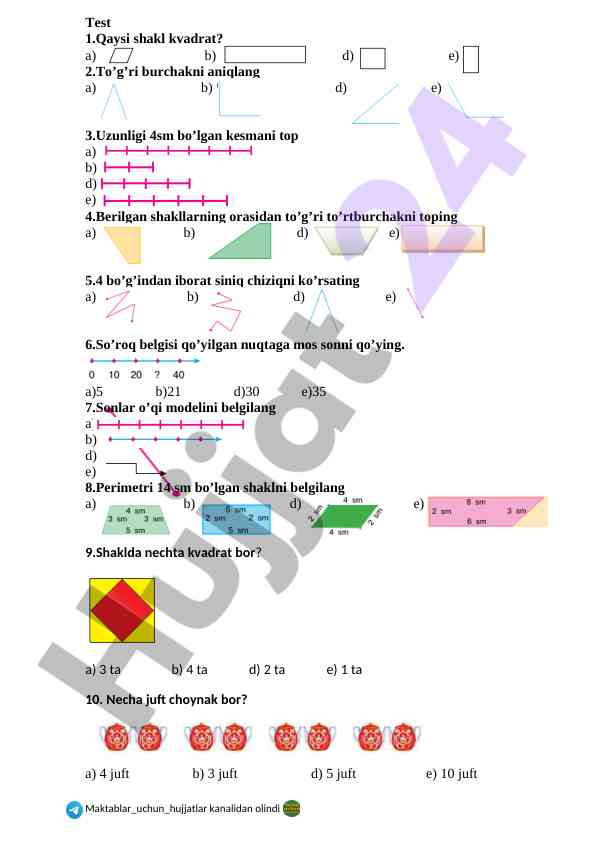 Matematika testi: to‘g‘ri burchaklar va shakllar