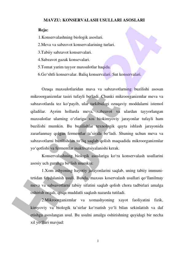 Konservalash usullari asoslari