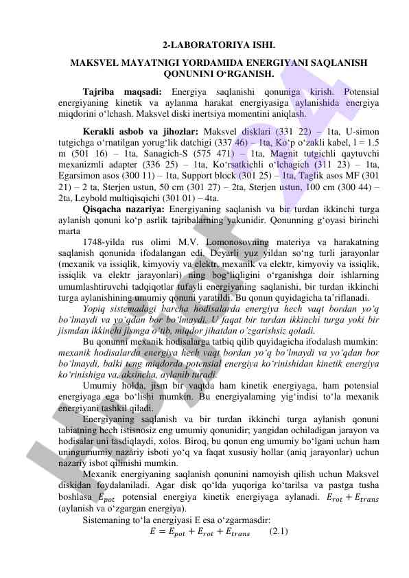 Maksvel mayatnigi yordamida energiya saqlanishi o‘rganish