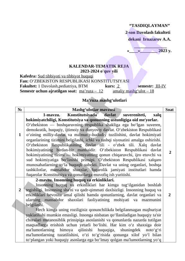 2023-2024 o'quv yili kafedrasi tematik reja