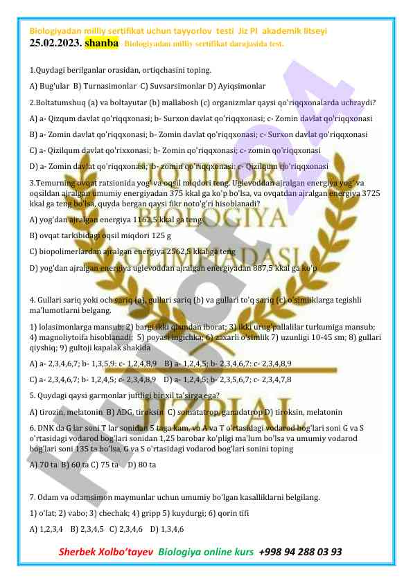 Biologiyadan milliy sertifikat tayyorlov testi