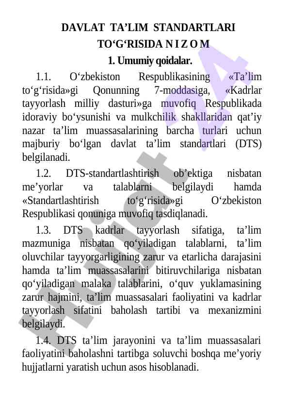 Davlat ta’lim standartlari to‘g‘risida nizom