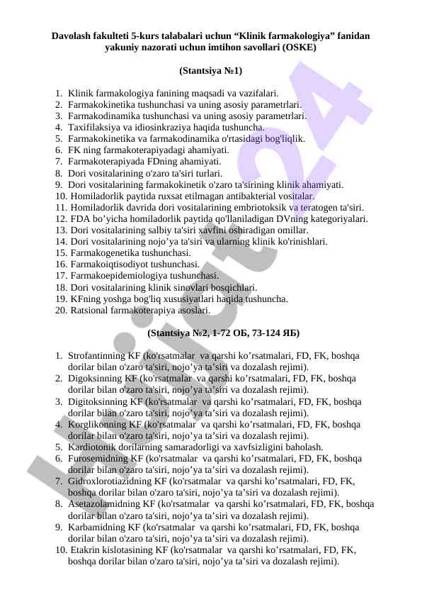 Klinik farmakologiya imtihon savollari 5-kurs talabalari uchun