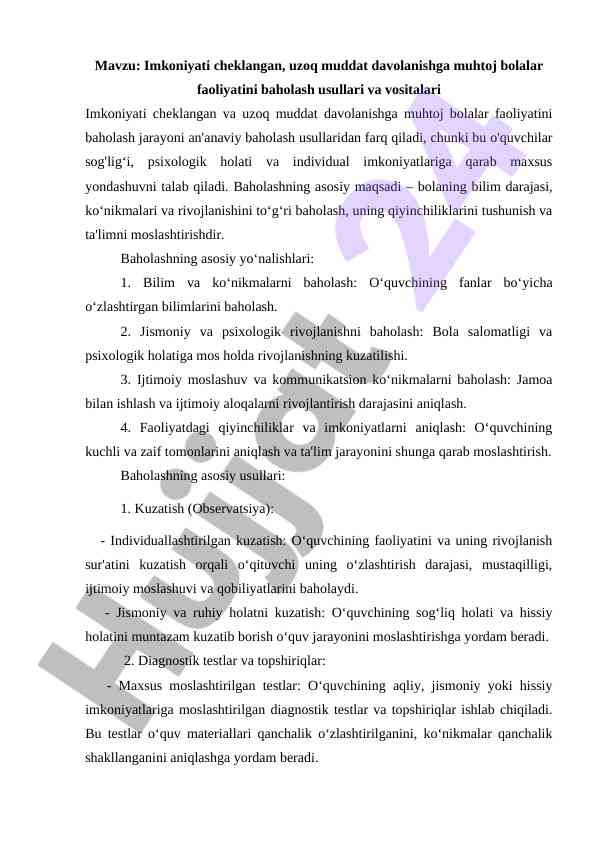 Bolalar faoliyatini baholash usullari va vositalari