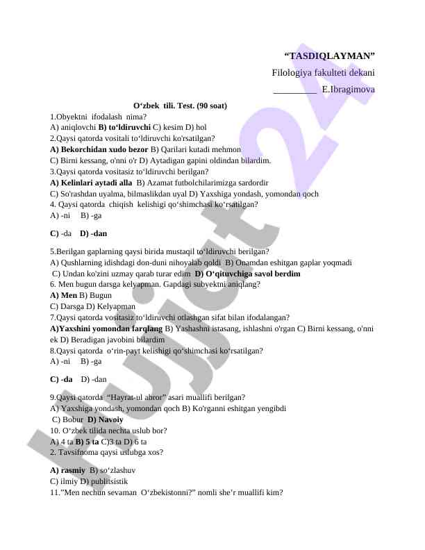 O‘zbek tili test savollari va javoblar