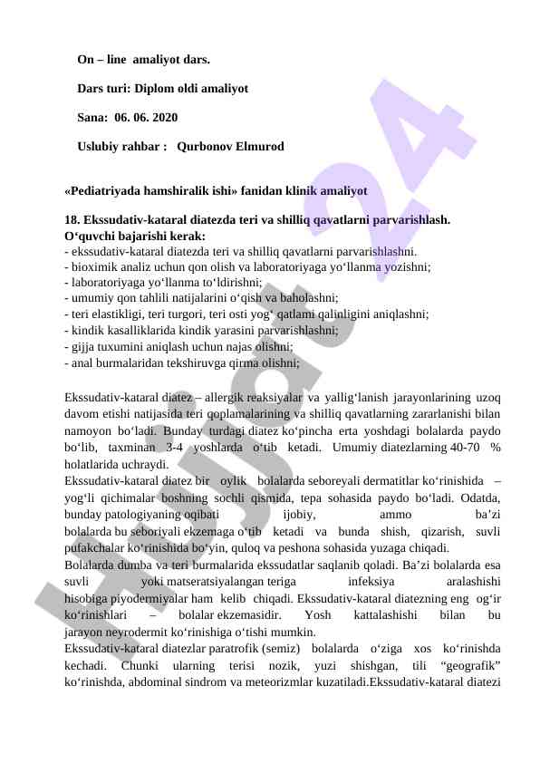 Pediatriyada hamshiralik ishi bo'yicha amaliyot