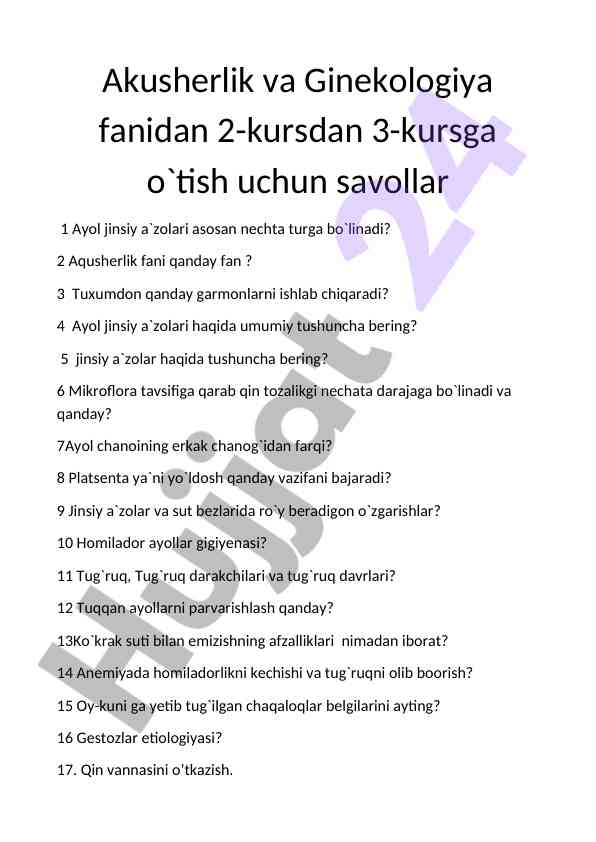 Akusherlik va ginekologiya fanidan savollar