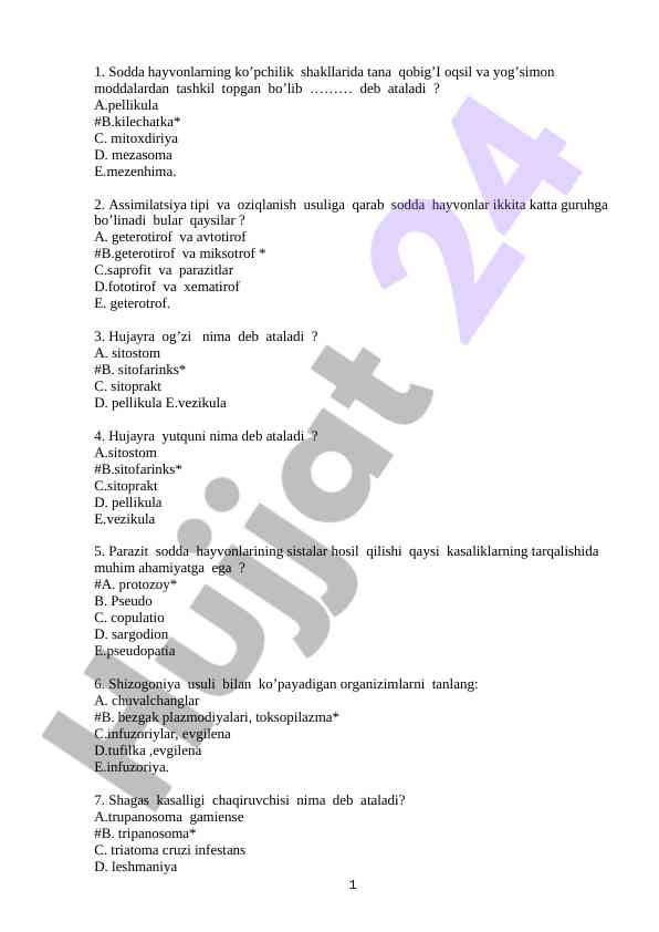 Sodda hayvonlar oziqlanish turlari testi