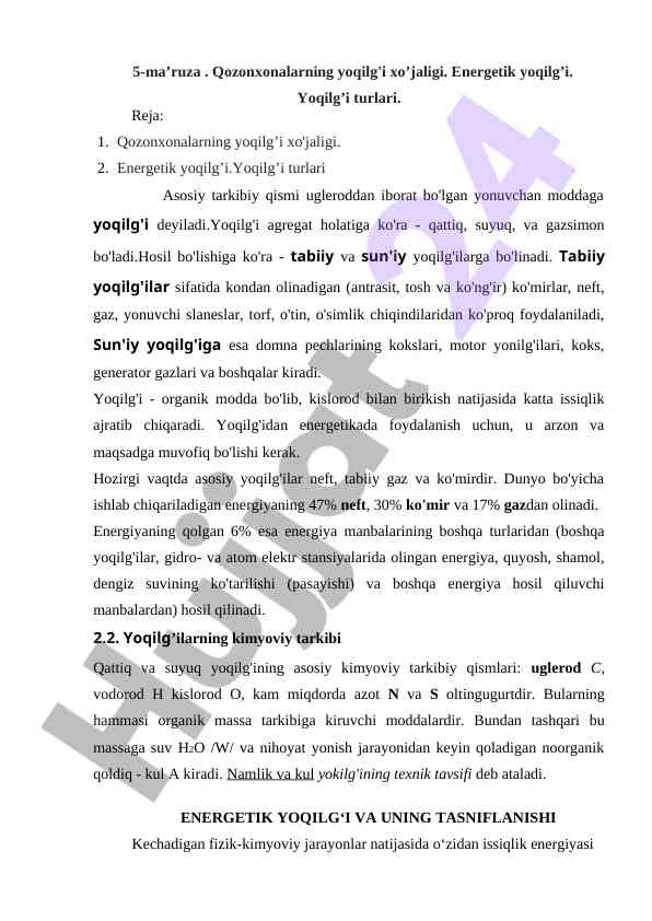 Qozonxonalarning yoqilg'i xo'jaligi va turlari
