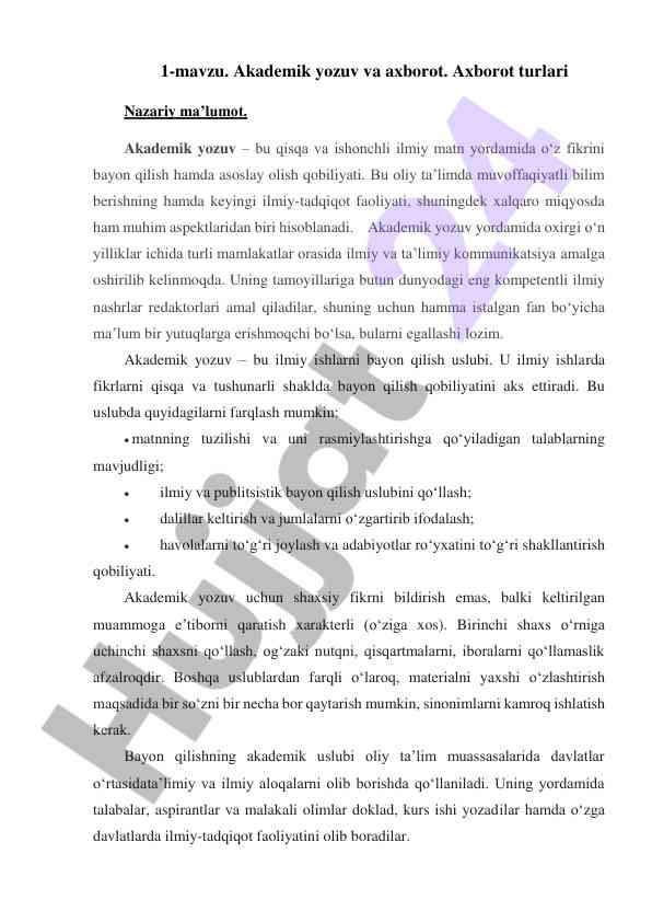 Akademik yozuv va axborot turlari nazariy ma'lumot