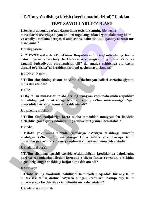 Ta'lim yo'nalishiga kirish test savollari to'plami