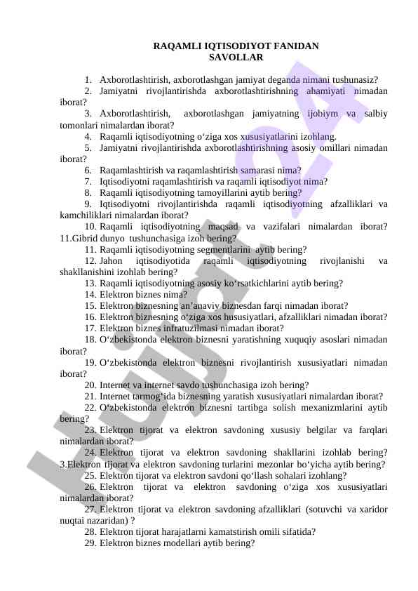 Savollar raqamli iqtisodiyot fanidan o‘rganish uchun