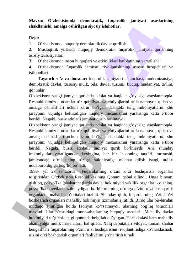 O‘zbekistonda demokratik fuqarolik jamiyati asoslari