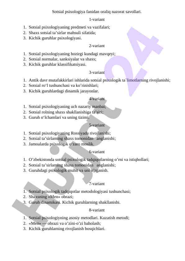 Sotsial psixologiya fanidan oraliq nazorat savollari