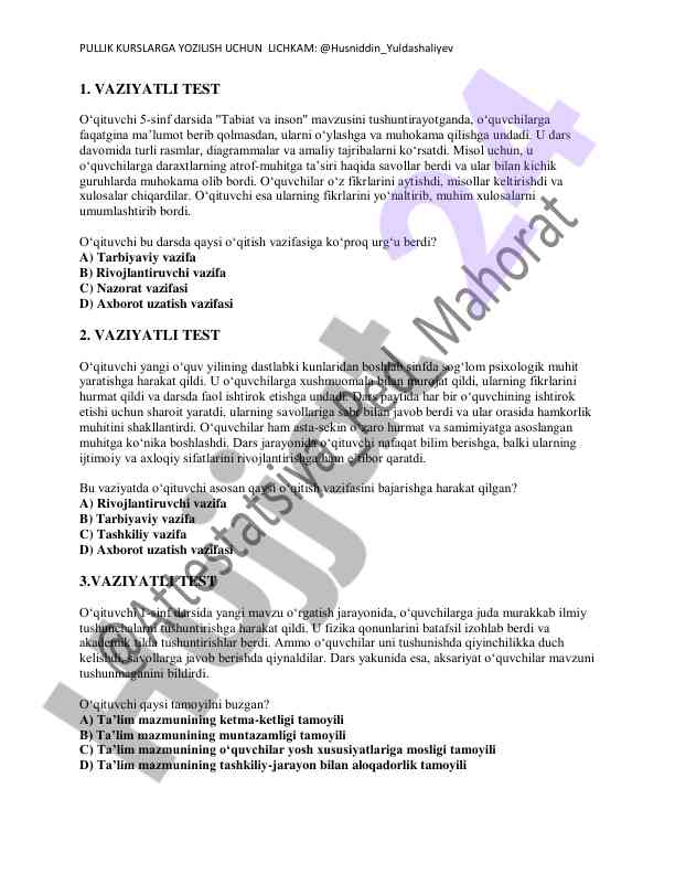 Vaziyatli testlar o‘qitish usullari bilan tanishish