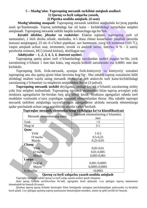 Tuproqning mexanik tarkibini aniqlash usullari