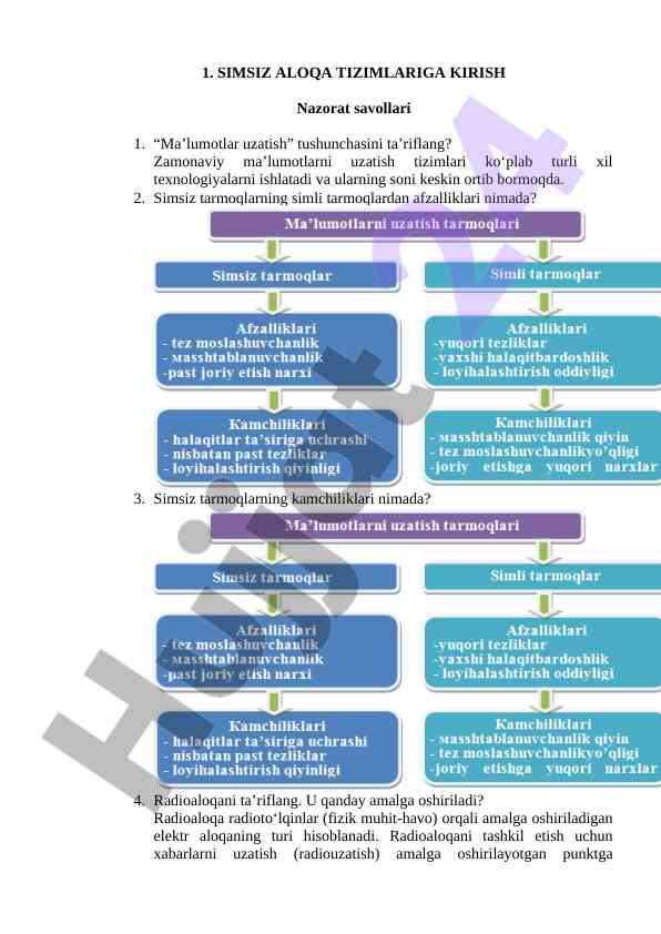 Simsiz aloqa tizimlari bo'yicha nazorat savollari