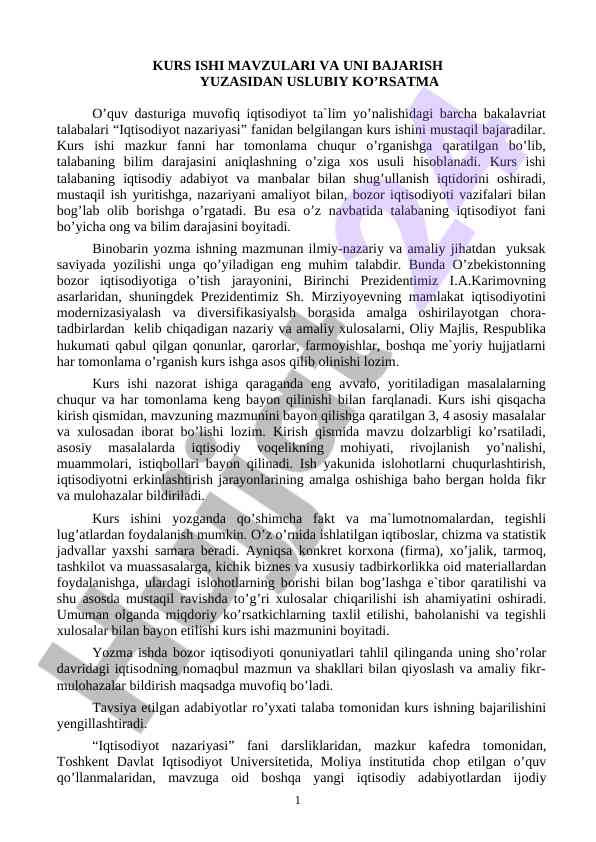Iqtisodiyot nazariyasi fanida kurs ishini bajariq