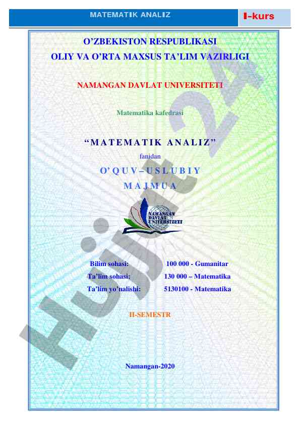 Matematik analiz i kurs o‘quv qo‘llanma