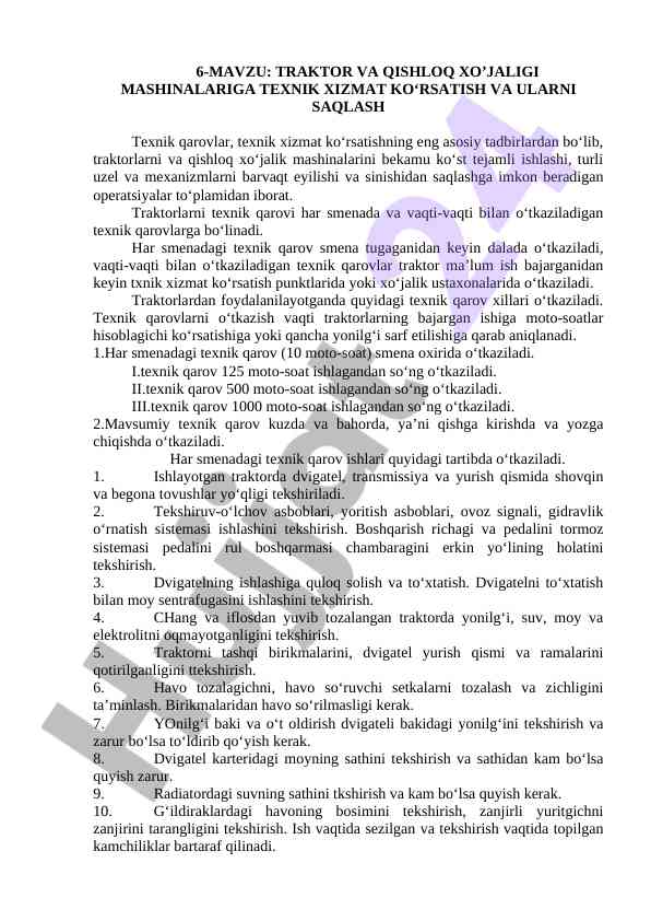 Traktor va qishloq xo‘jaligi mashinalariga texnik xizmat