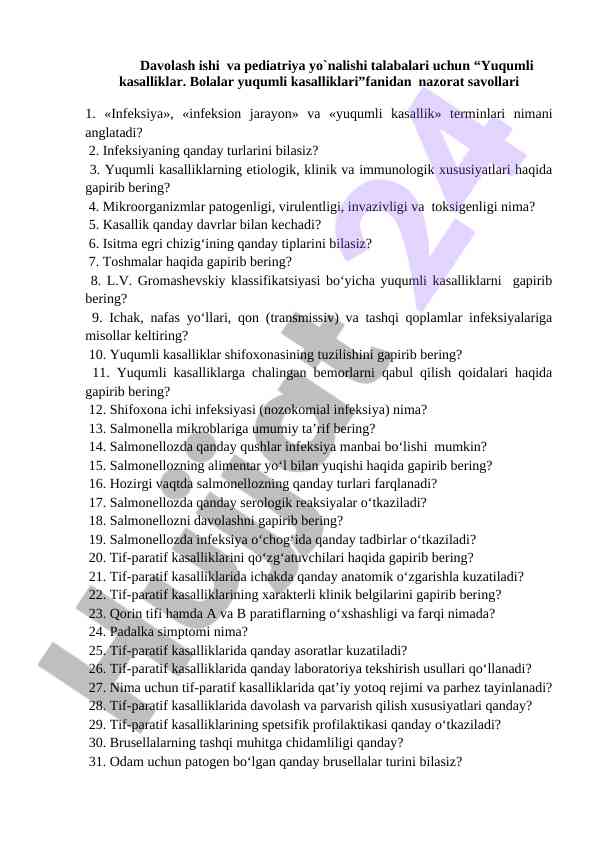 Yuqumli kasalliklar bo‘yicha nazorat savollari