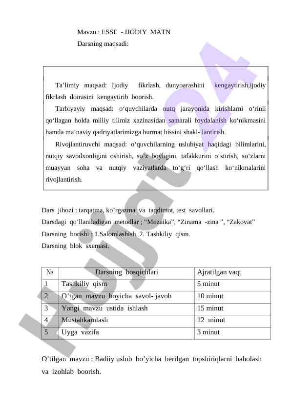 Ijodiy matn dars ishlanmasi