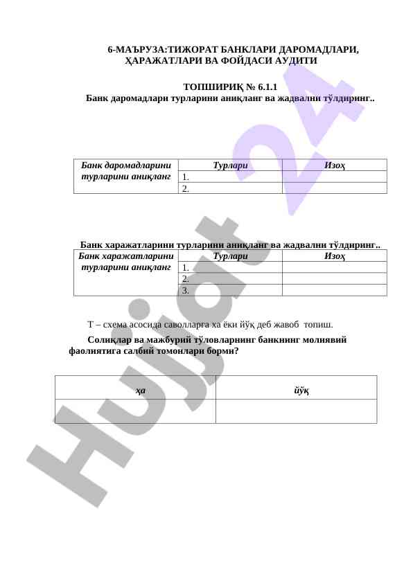 Тижорат банклари даромадлари va харажатлари аудити