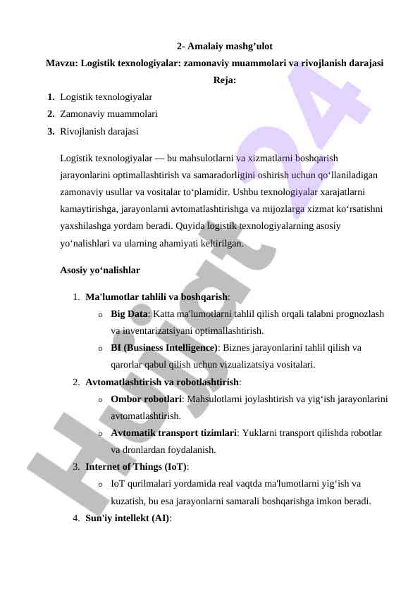 Logistik texnologiyalar: zamonaviy muammolari va rivojlanish