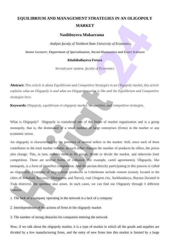Equilibrium and management strategies in an oligopoly market