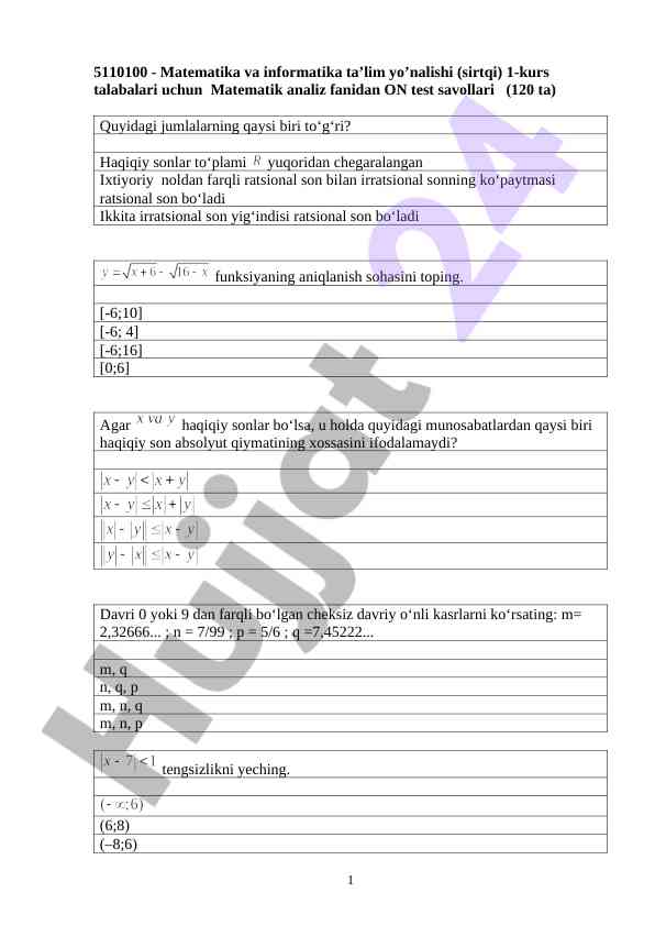 Matematik analiz fanidan on test savollari