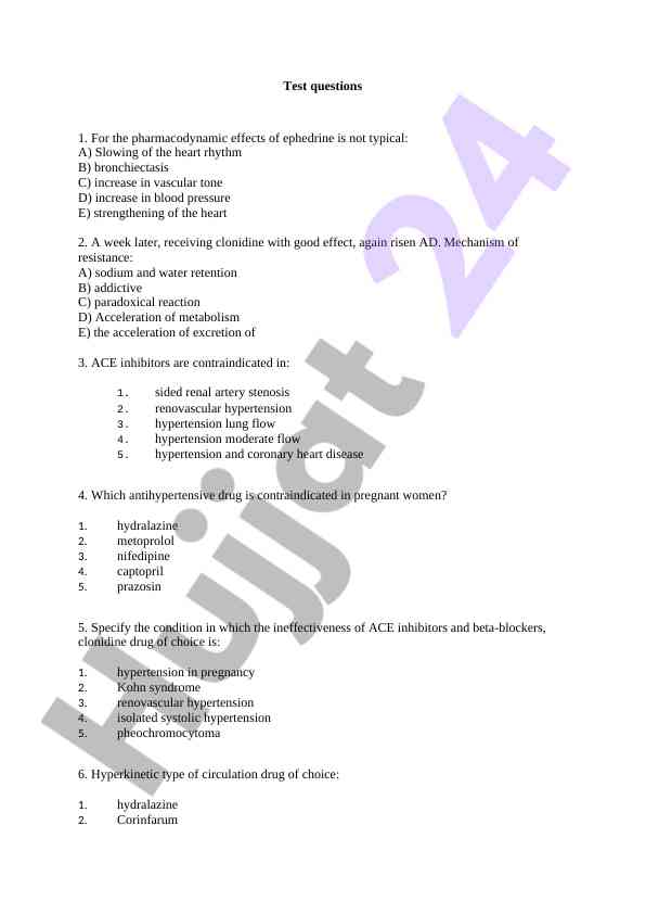 Test questions on pharmacodynamics and antihypertensive drugs