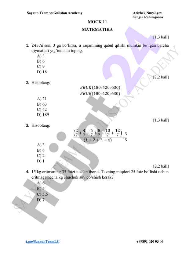 Matematika mavzusi bo'yicha test savollari