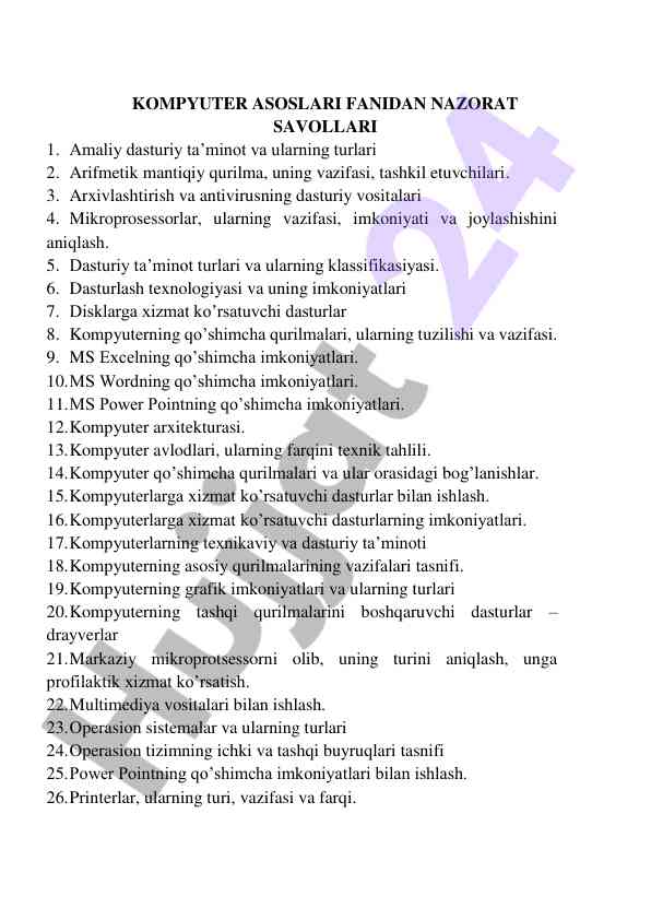 Kompyuter asoslari fanidan nazorat savollari
