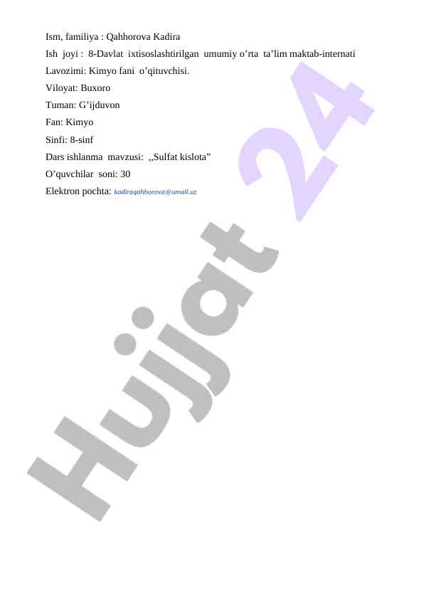 Sulfat kislota dars ishlanmasi 8-sinf uchun
