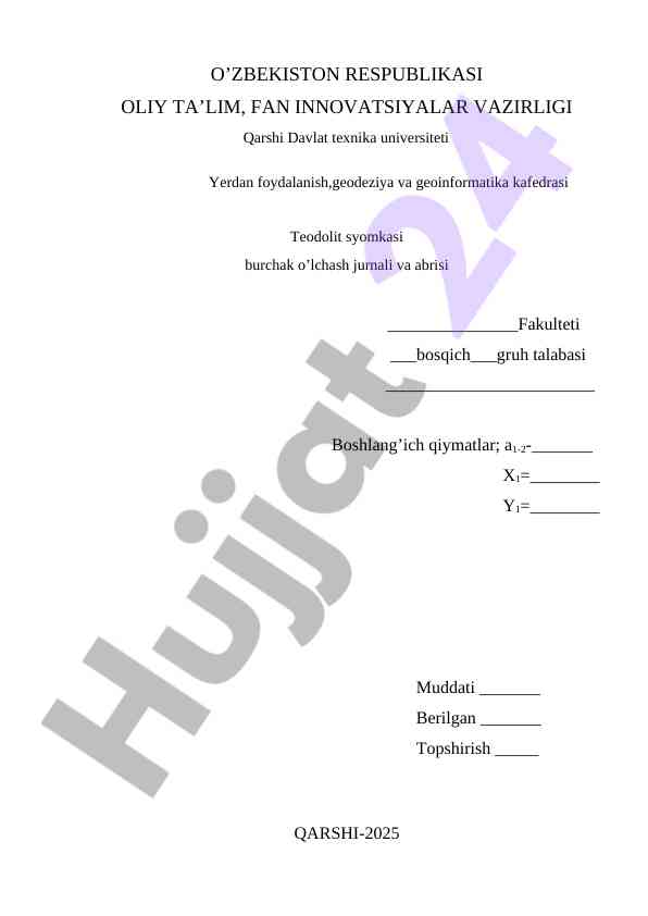 Teodolit syomkasi burchak o’lchash jurnali