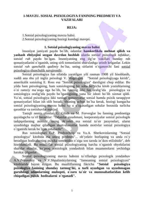 Sotsial psixologiya fani va uning vazifalari
