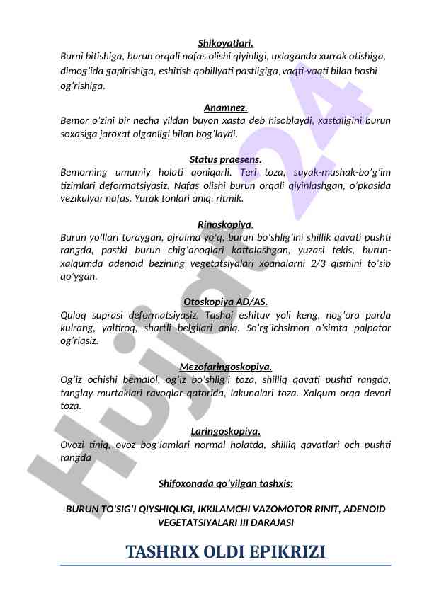 Burun kasalliklari va ularning diagnostikasi