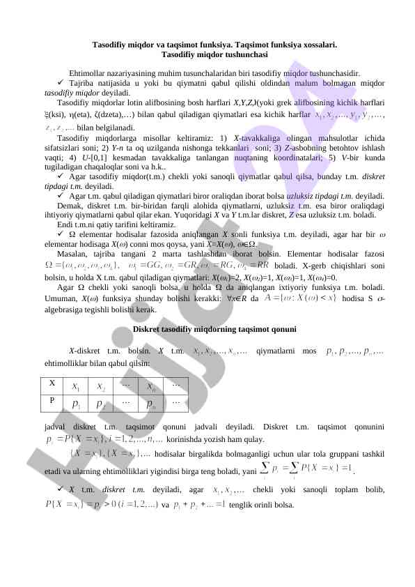 Tasodifiy miqdor va taqsimot funksiyasi