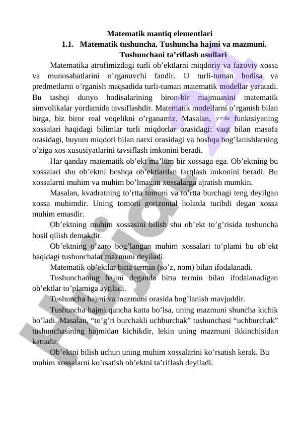 Matematik mantiq elementlari va tushunchalar