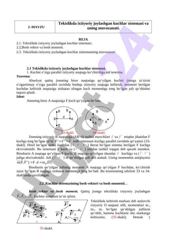Tekislikda ixtiyoriy kuchlar sistemasi va muvozanati