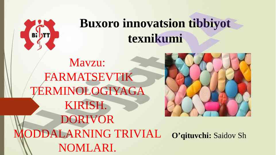 Farmatsevtik terminologiyaga kirish va dorivor moddalar
