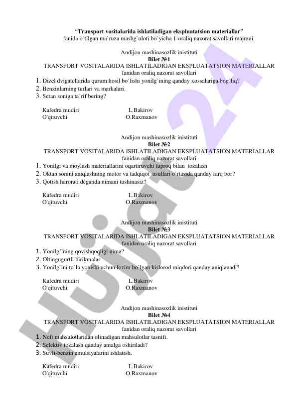 Transport vositalarida ekspluatatsion materiallar savollari