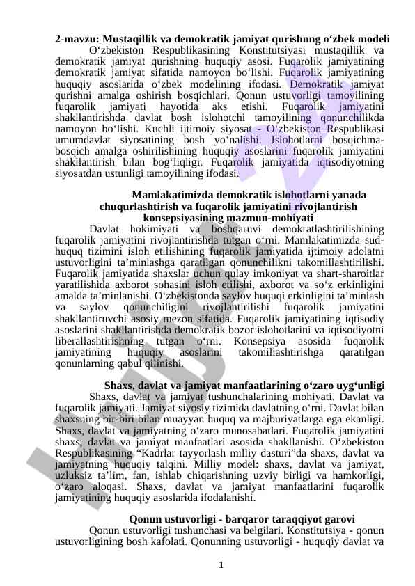 Mustaqillik va demokratik jamiyat qurish o‘zbek modeli
