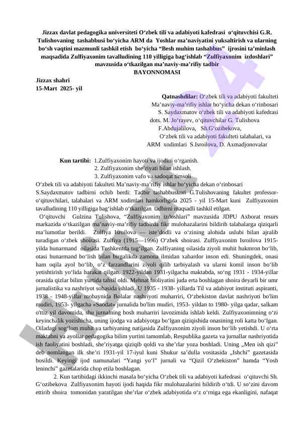Ma’naviy-ma’rifiy tadbirga bag‘ishlangan zulfiyaxonim
