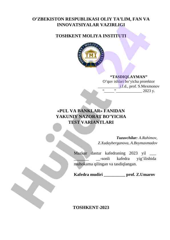 Pul va banklar fandi boyicha test variantlari
