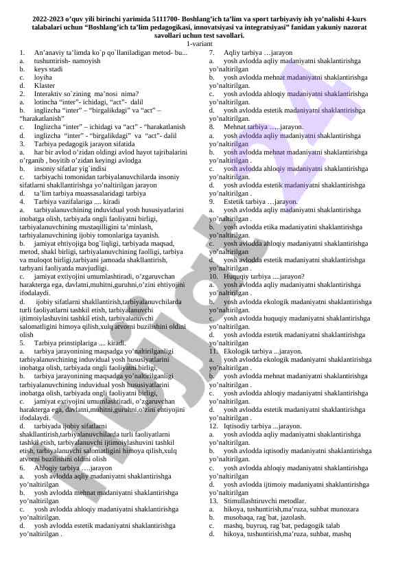 Boshlang‘ich ta’lim pedagogikasi test savollari