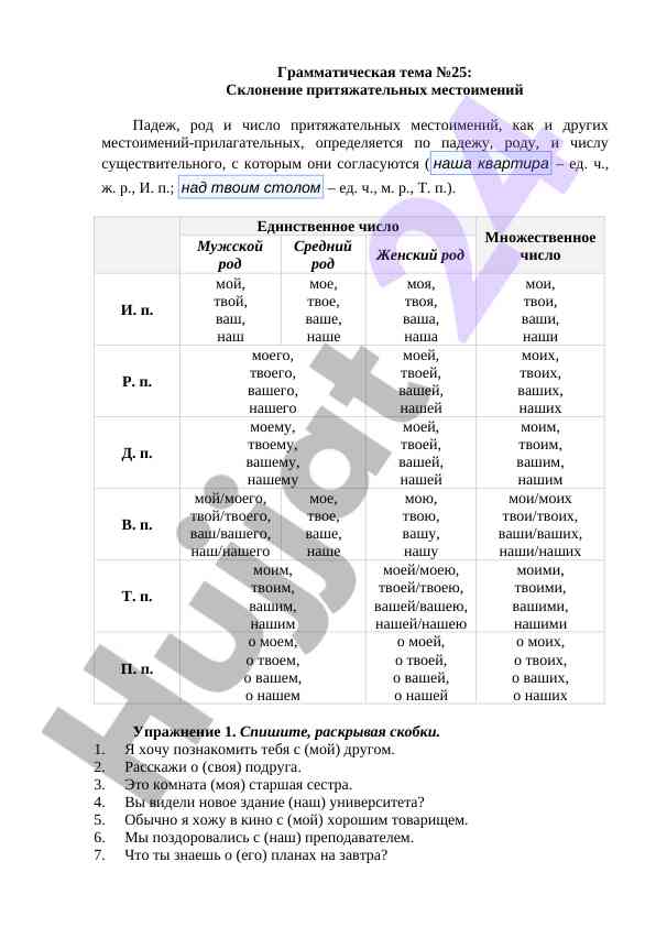 Склонение притяжательных местоимений упражнения